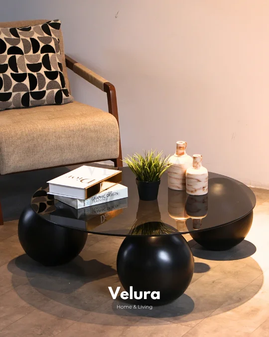 Küre Orta Sehpa - Siyah Top - Yuvarlak - Füme Cam 