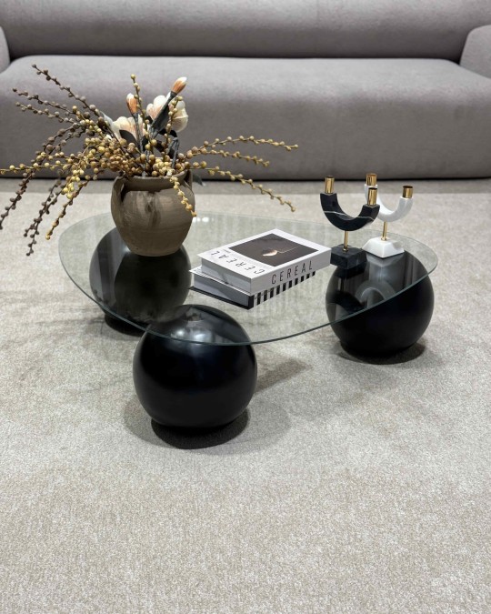 Küre Orta Sehpa - Siyah Top - Üçgen - Şeffaf Cam 