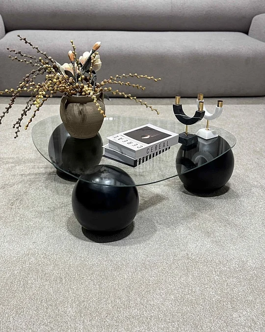 Küre Orta Sehpa - Siyah Top - Üçgen - Şeffaf Cam 