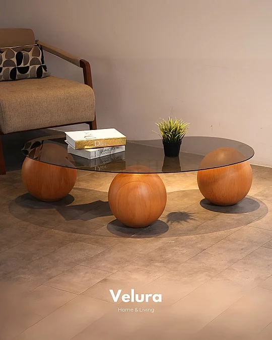 Küre Orta Sehpa - Meşe Top - Fasulye - Füme Cam 