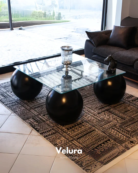 Küre Orta Sehpa - 41cm Siyah Top - Kare - Şeffaf Cam