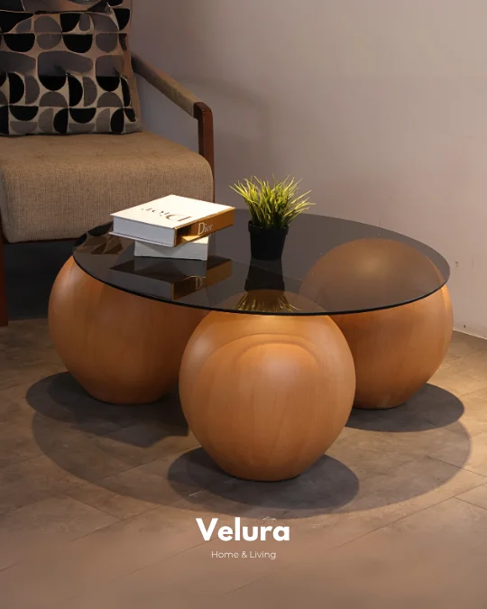 Küre Orta Sehpa - 41cm Meşe Top - Yuvarlak - Füme Cam