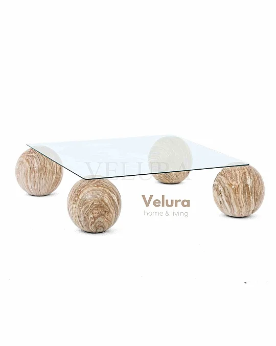 Küre Orta Sehpa - Traverten Mermer Top - Kare - Şeffaf Cam