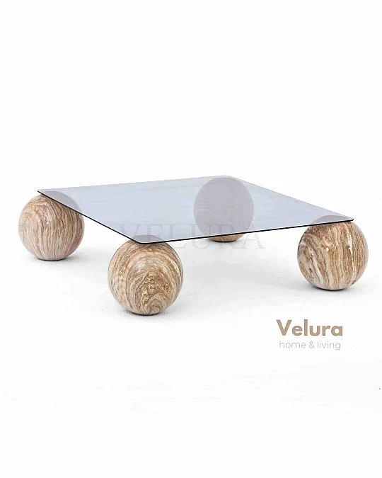 Küre Orta Sehpa - Traverten Mermer Top - Kare - Füme Cam