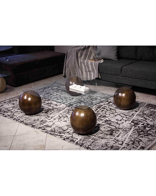 Küre Orta Sehpa - Amerikan Ceviz Top - Kare- Şeffaf Cam 