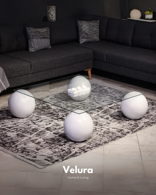 Küre Orta Sehpa - Beyaz Top - Kare- Şeffaf Cam 