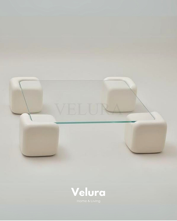 Küre Orta Sehpa - 4 Zar (Beyaz) - Kare - Şeffaf Cam