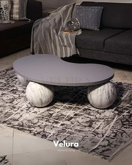 Beyaz Traverten Sehpa - Antrasit Fasülye Mdf