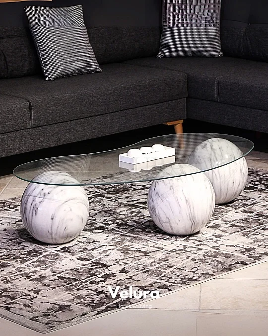 Küre Orta Sehpa - Beyaz Traverten Mermer - Fasulye - Şeffaf Cam