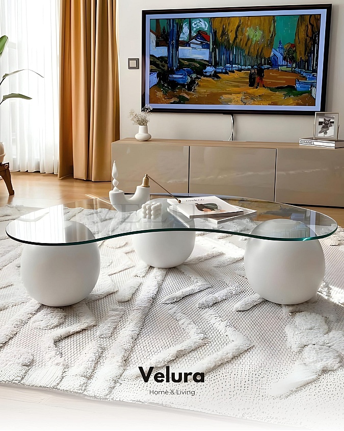 Küre Orta Sehpa Beyaz Top Şeffaf Fasulye Cam