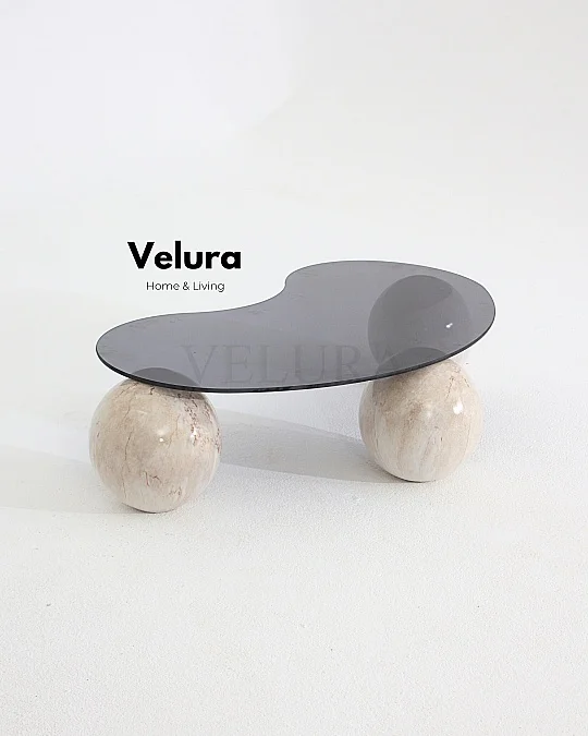 Küre Orta Sehpa - Pleks Mermer - Fasulye - Füme Cam