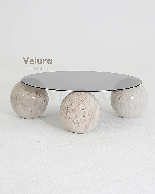 Küre Orta Sehpa - Pleks Mermer - Yuvarlak - Füme Cam