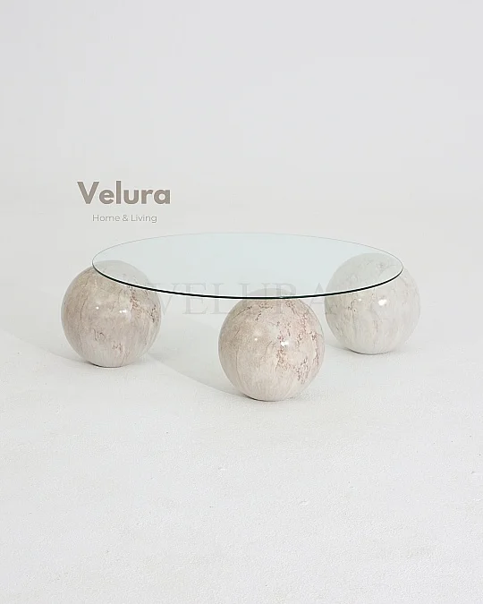 Küre Orta Sehpa - Pleks Mermer - Yuvarlak - Şeffaf Cam