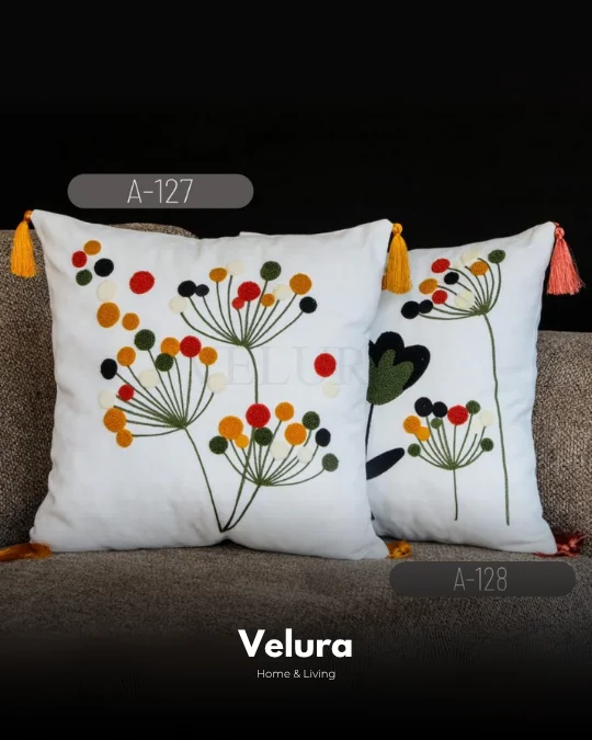 Keten Kumaş ve Nakış İşlemeli Desenli Kırlent - A127-128