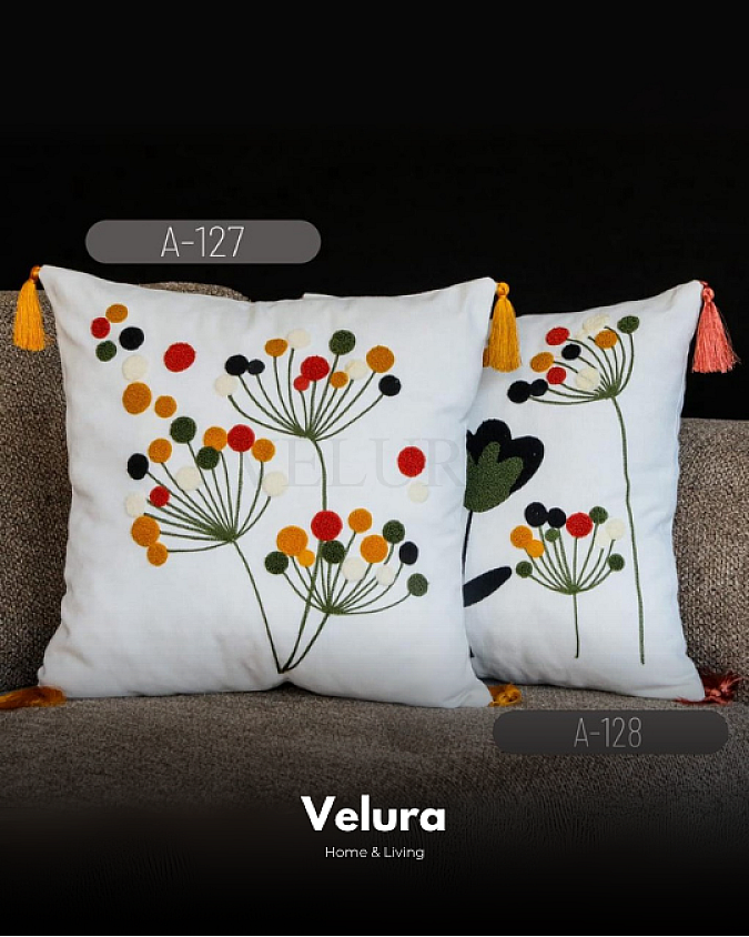 Keten Kumaş ve Nakış İşlemeli Desenli Kırlent - A127-128