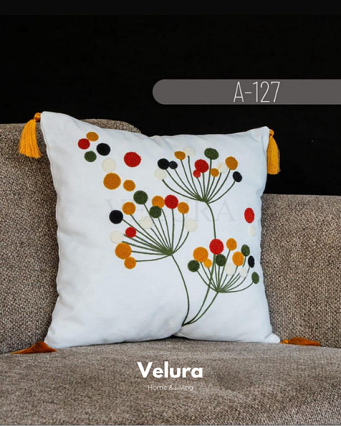 Keten Kumaş ve Nakış İşlemeli Desenli Kırlent - A127