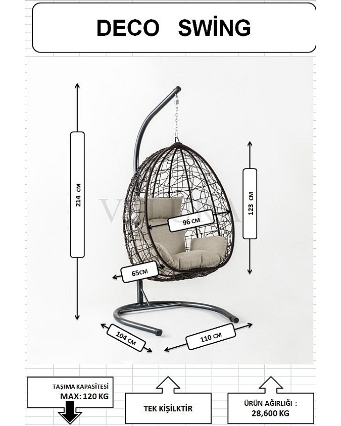 Deco Bahçe Salıncağı - Swing Kahve Rattan Gri Minder