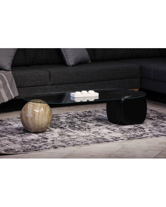 Küre Orta Sehpa - 1 Traverten Desen & 1 Siyah Zar - Oval - Şeffaf Cam Küre Orta Sehpa - 1 Traverten Desen & 1 Siyah Zar - Oval - Şeffaf Cam