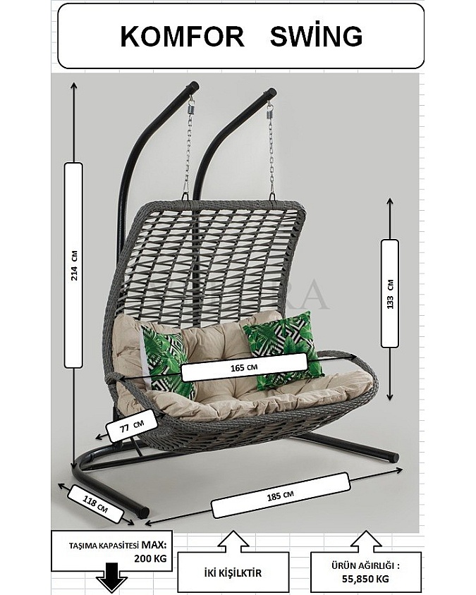 Konfor Bahçe Salıncağı çift kişilik kahve rattan krem minder