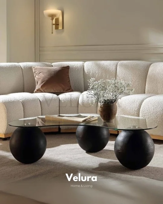 Küre Orta Sehpa - Siyah Top - Fasulye - Şeffaf Cam 