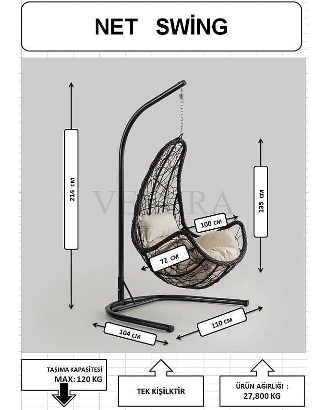 Net Bahçe Salıncağı - Kahve Rattan Krem Minder