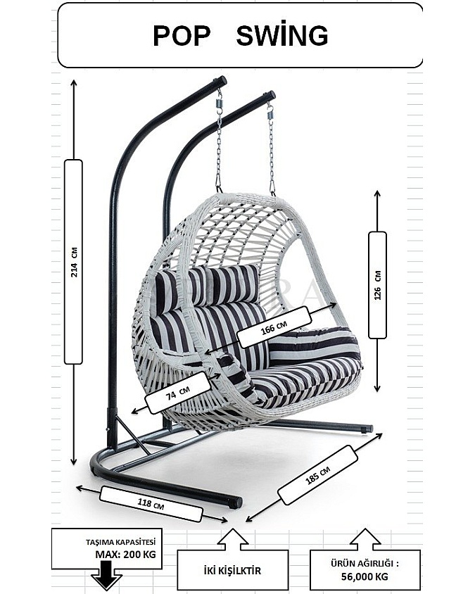Pop Bahçe Salıncağı Çift Kişilik - Beyaz Rattan Zebra Minder