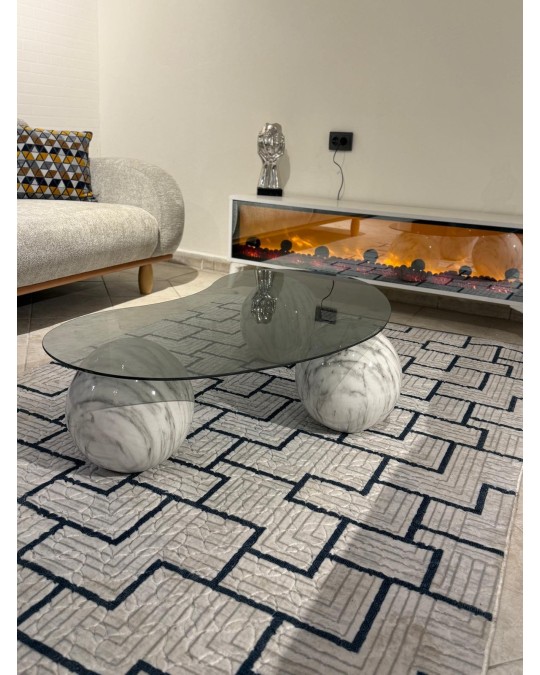 Küre Orta Sehpa - Pleksi Traverten - Fasulye - Füme Cam