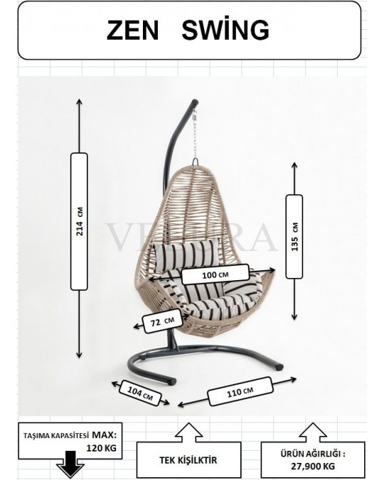 Zen Bahçe Salıncağı - Kahve Rattan Gri Minder Zen Bahçe Salıncağı - Kahve Rattan Gri Minder