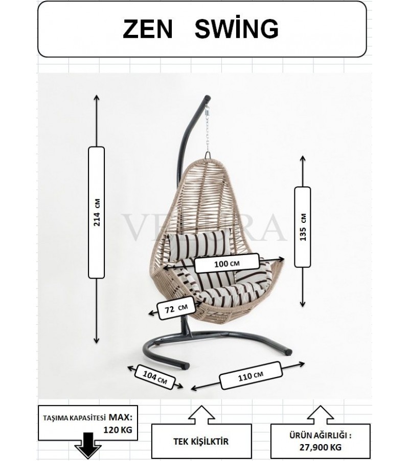 Zen Bahçe Salıncağı - Kahve Rattan Gri Minder Zen Bahçe Salıncağı - Kahve Rattan Gri Minder