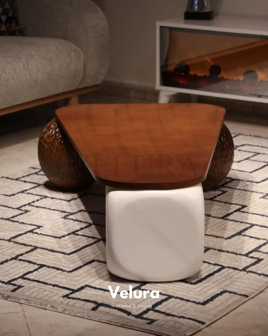 Zaro Desenli Ceviz Sehpa - Beyaz Zar - Üçgen Ceviz Mdf