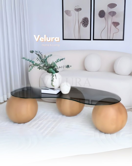 Küre Orta Sehpa - Açık Ceviz - Fasulye - Füme Cam