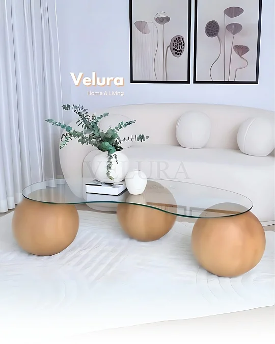 Küre Orta Sehpa - Açık Ceviz - Fasulye - Şeffaf Cam