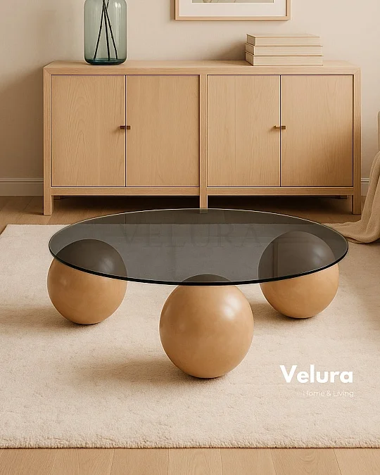 Küre Orta Sehpa - Açık Ceviz - Yuvarlak - Füme Cam