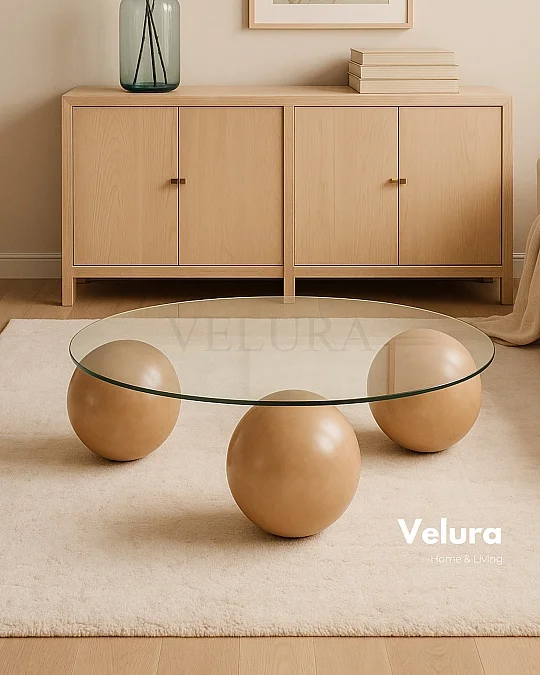 Küre Orta Sehpa - Açık Ceviz - Yuvarlak - Şeffaf Cam
