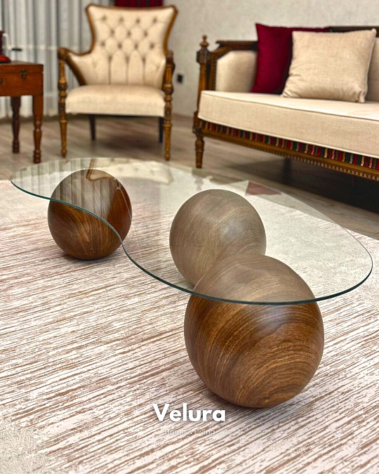 Küre Orta Sehpa - Amerikan Ceviz Top - Fasulye - Şeffaf Cam 