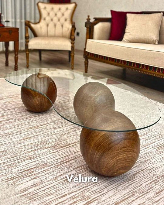 Küre Orta Sehpa - Amerikan Ceviz Top - Fasulye - Şeffaf Cam 