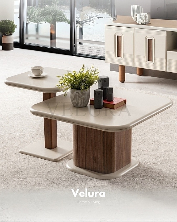 Ceviz Ayaklı Krem Üst Tablalı Orta Sehpa