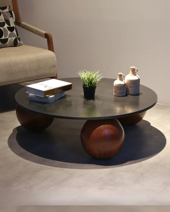 Küre Orta Sehpa - Koyu Ceviz Top - Yuvarlak - Siyah Mdf 