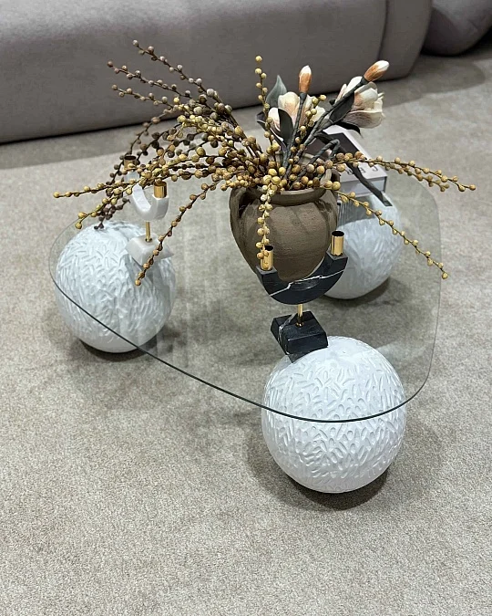 Küre Orta Sehpa - Dragon (Beyaz) - Üçgen - Şeffaf Cam