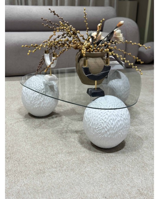 Küre Orta Sehpa - Dragon (Beyaz) - Üçgen - Şeffaf Cam