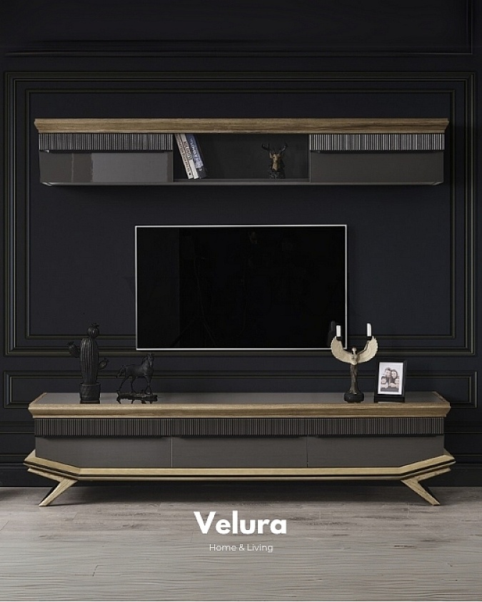 Lüks Tasarım TV Ünitesi Modelleri Grand TV Ünitesi Ahşap ve Antrasit Detaylı