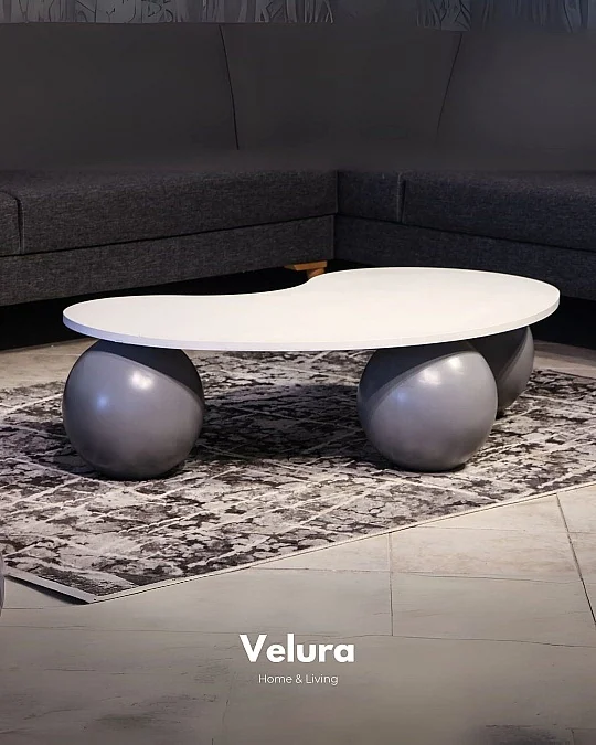 Gri Top Sehpa - Beyaz Fasülye Mdf