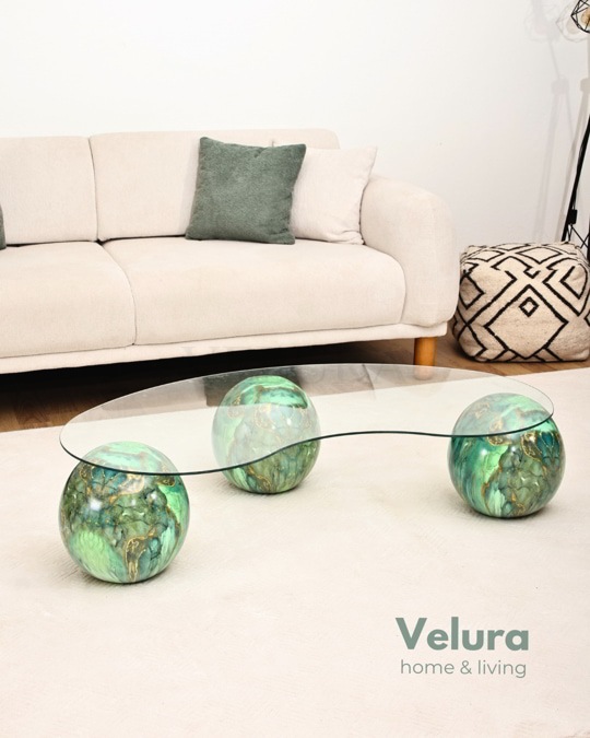 Küre Orta Sehpa - Jungle - Fasulye - Şeffaf Cam