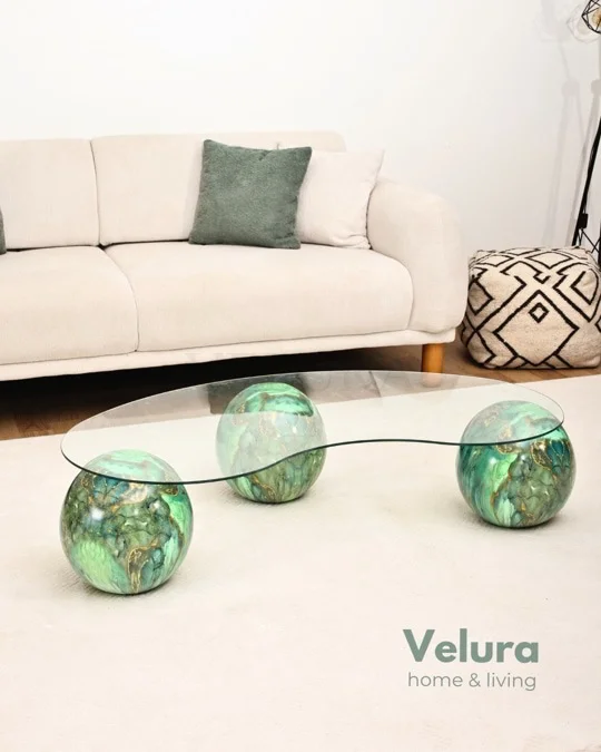 Küre Orta Sehpa - Jungle - Fasulye - Şeffaf Cam