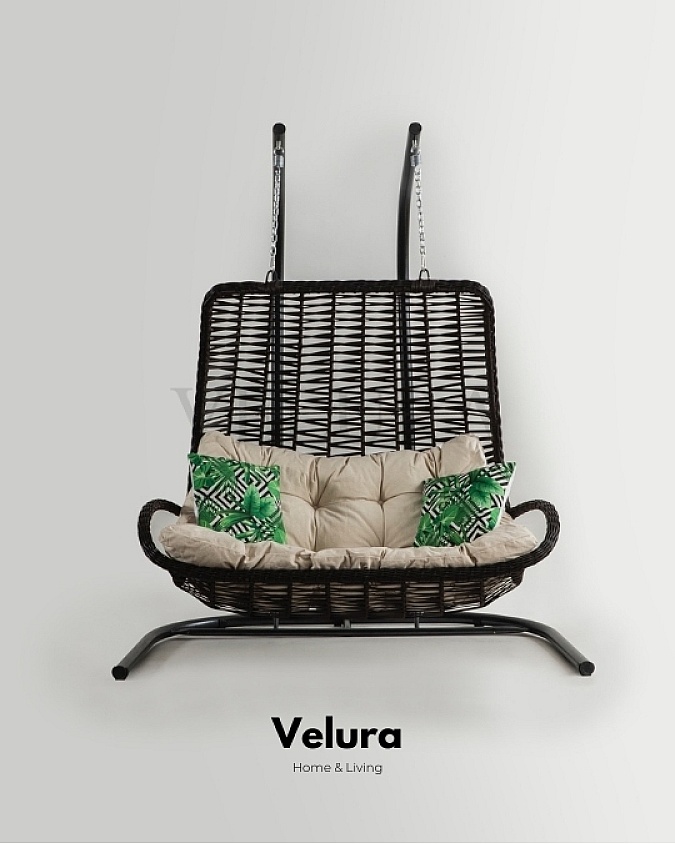 Konfor Bahçe Salıncağı çift kişilik kahve rattan krem minder