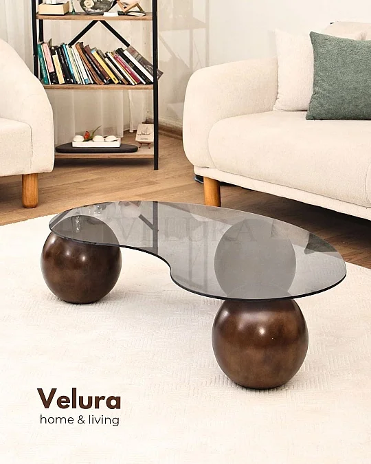 Küre Orta Sehpa - Koyu Ceviz Top - Fasulye - Füme Cam 