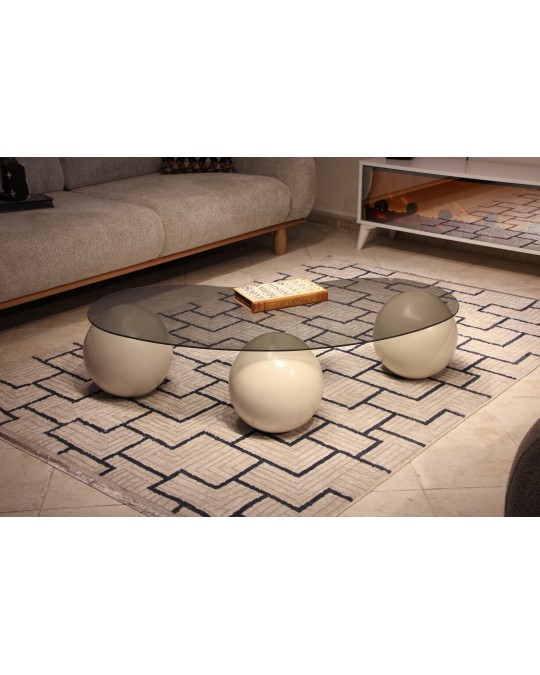 Küre Orta Sehpa - Krem Top - Fasulye - Füme Cam