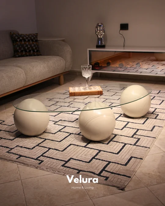 Küre Orta Sehpa - Krem Top - Fasulye - Şeffaf Cam