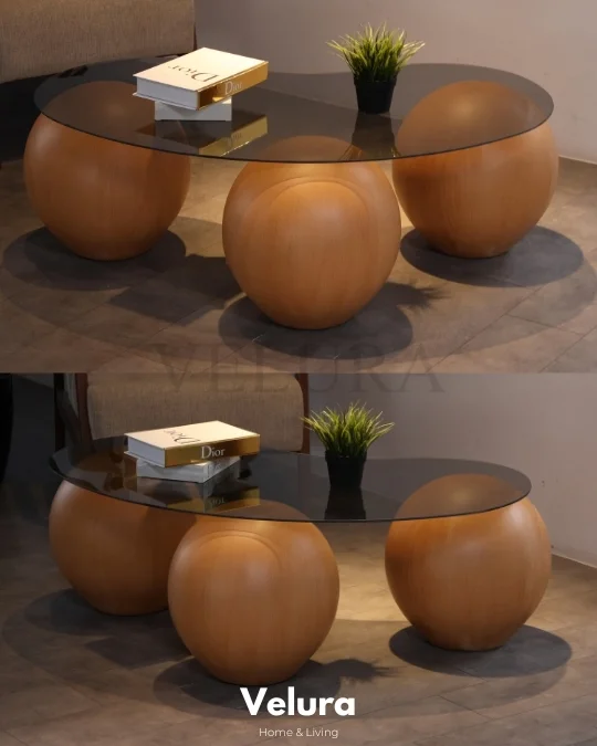 Küre Fiber Meşe Orta Sehpa -  Füme Cam