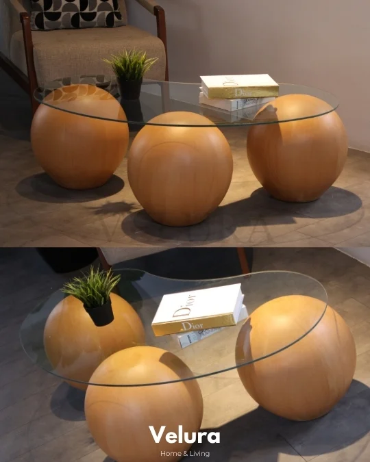 Küre Fiber Meşe Orta Sehpa -  Şeffaf Cam